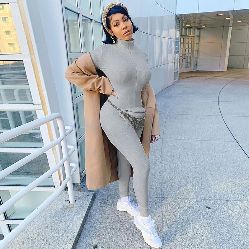 Women’s Zipper Stretch Turtleneck And Embroidered Slim Fit Fitness Jumpsuit Yoga Suit - Gray Long / XS