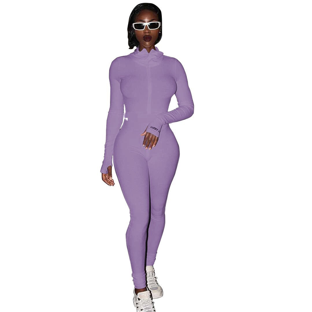 Women’s Zipper Stretch Turtleneck And Embroidered Slim Fit Fitness Jumpsuit Yoga Suit - Long, Purple Style / XS