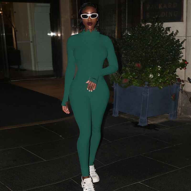 Women’s Zipper Stretch Turtleneck And Embroidered Slim Fit Fitness Jumpsuit Yoga Suit - Olive Green Long / XS