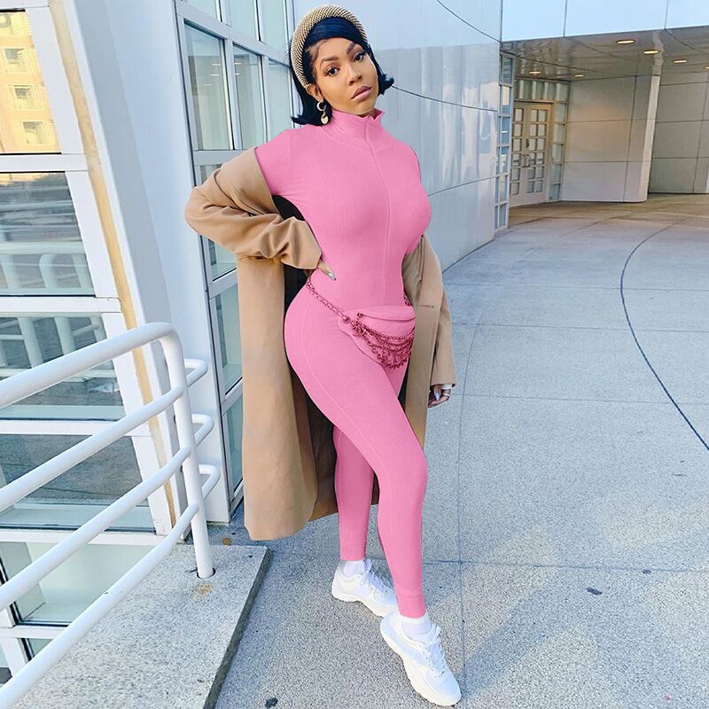 Women’s Zipper Stretch Turtleneck And Embroidered Slim Fit Fitness Jumpsuit Yoga Suit - Pink Long / XS