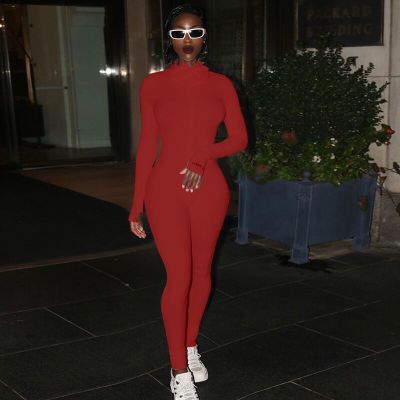 Women’s Zipper Stretch Turtleneck And Embroidered Slim Fit Fitness Jumpsuit Yoga Suit - Red, Long / XS