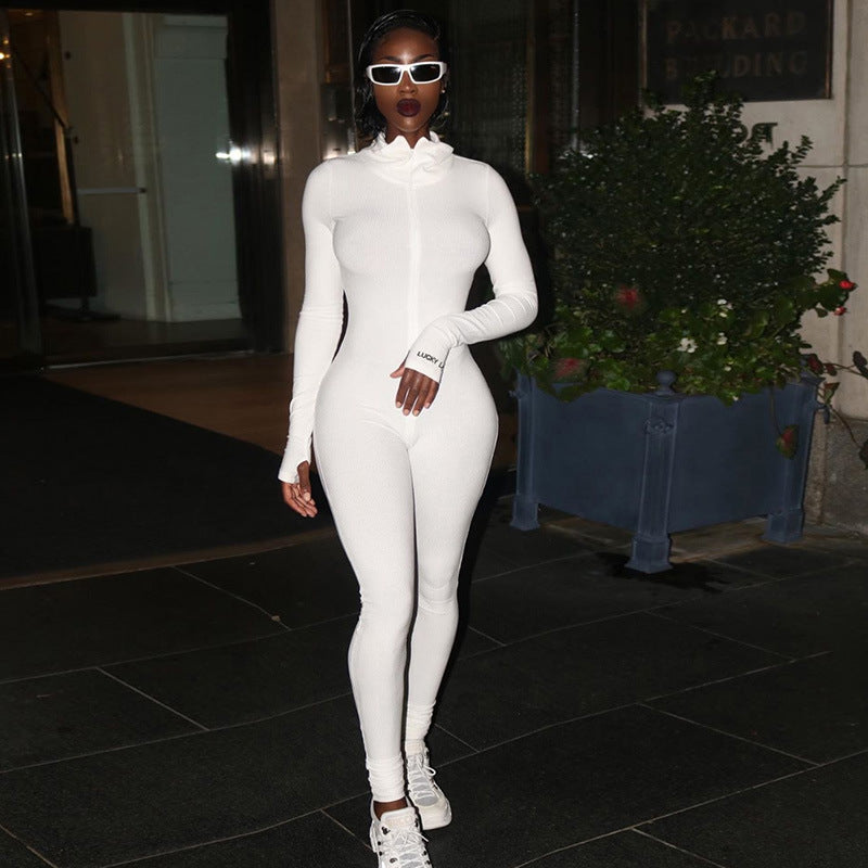 Women’s Zipper Stretch Turtleneck And Embroidered Slim Fit Fitness Jumpsuit Yoga Suit - White Long Style / XS