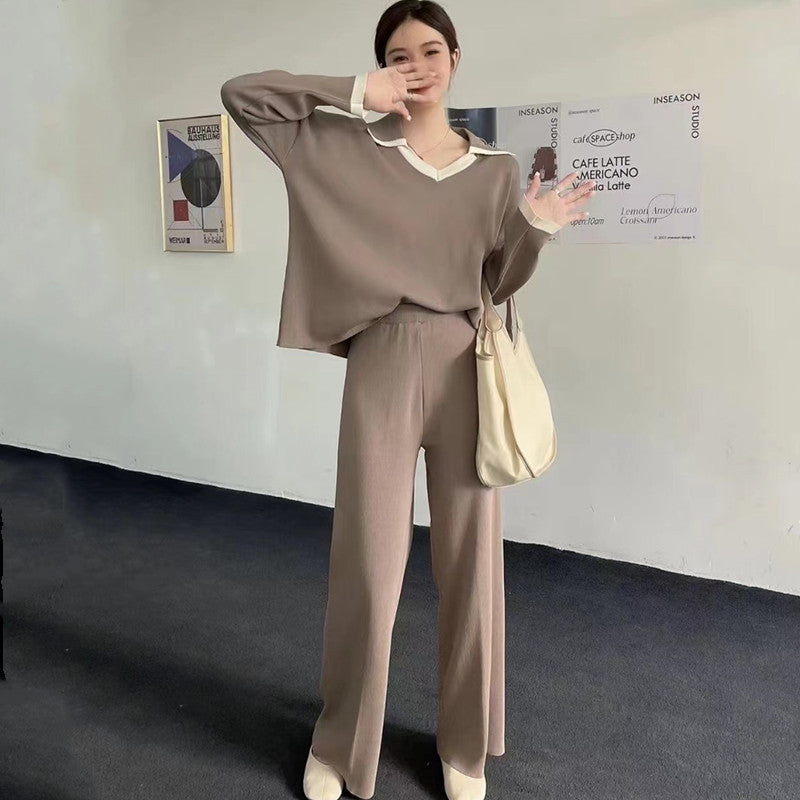 Contrast Color Pullover Loose Niche Casual Wide-leg Pants For Women Knitting Suit - Brown / S