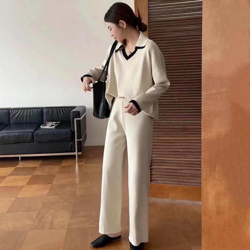 Contrast Color Pullover Loose Niche Casual Wide-leg Pants For Women Knitting Suit - Creamy White / S