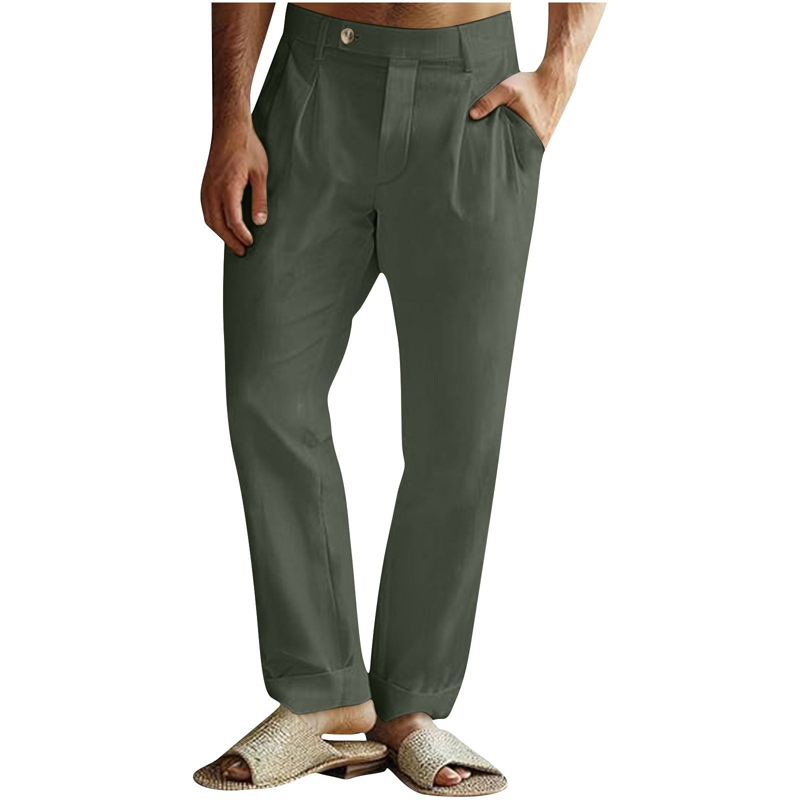 Men’s Casual Cotton Linen Pants Pleated Elastic Waist Pants