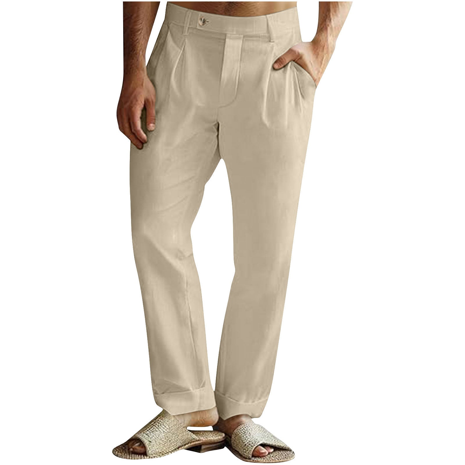 Men’s Casual Cotton Linen Pants Pleated Elastic Waist Pants - Apricot / S