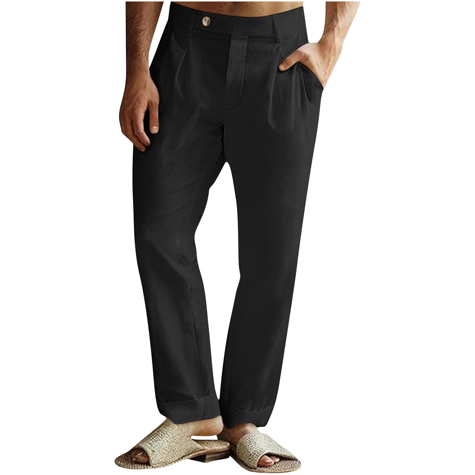 Men’s Casual Cotton Linen Pants Pleated Elastic Waist Pants - Black / S