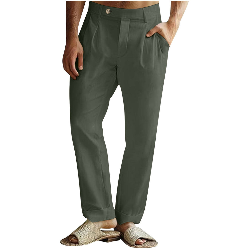 Men’s Casual Cotton Linen Pants Pleated Elastic Waist Pants - Dark Gray / S