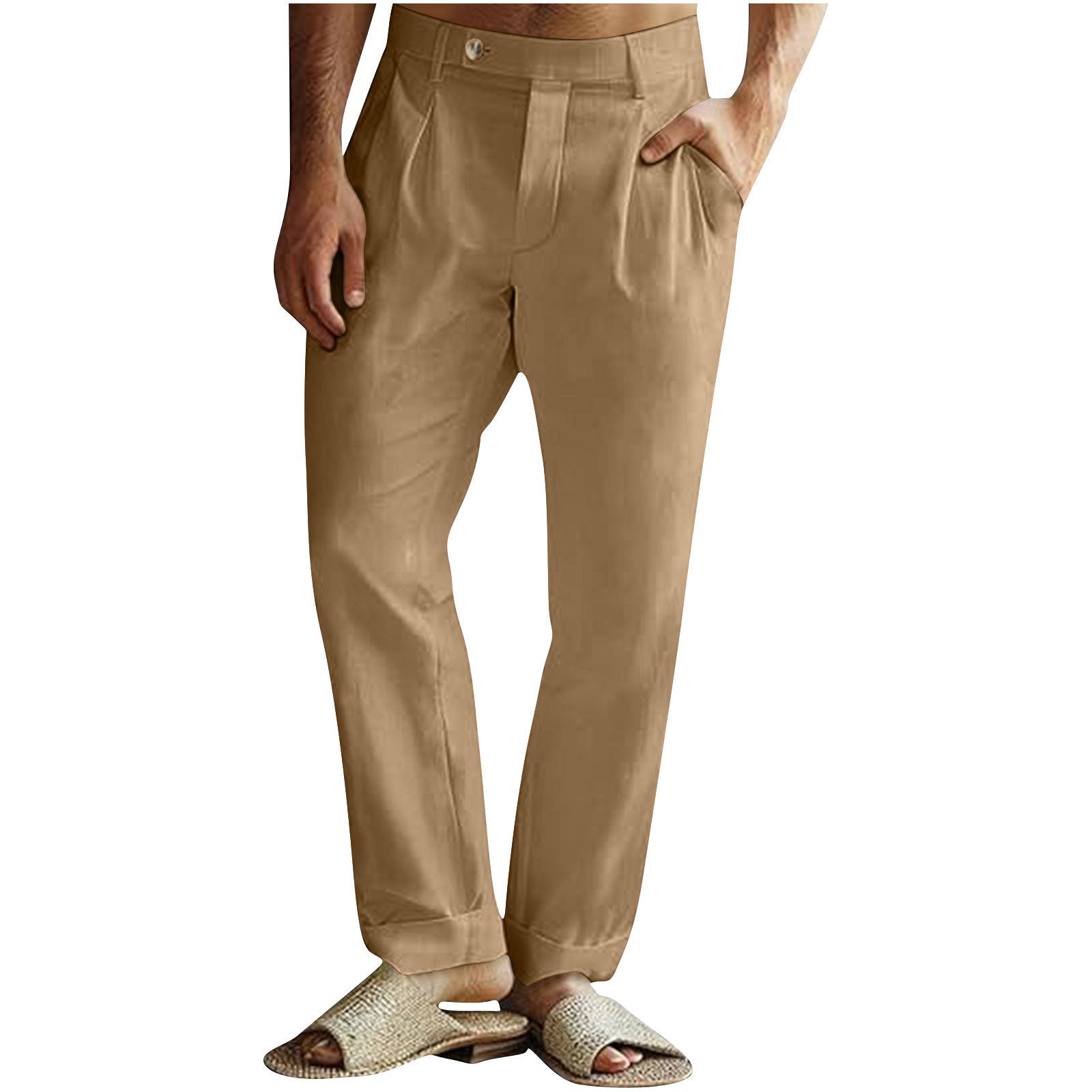 Men’s Casual Cotton Linen Pants Pleated Elastic Waist Pants - Ginger Yellow / S