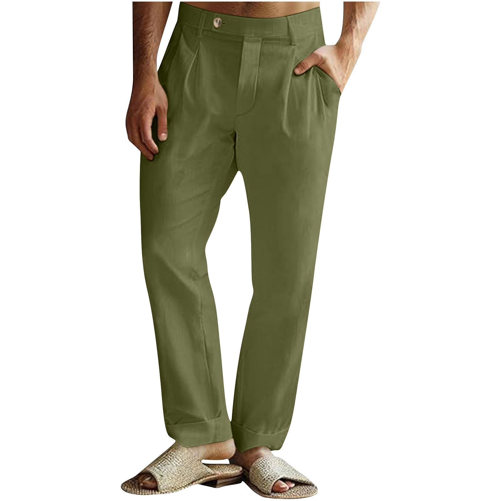 Men’s Casual Cotton Linen Pants Pleated Elastic Waist Pants - Green / S