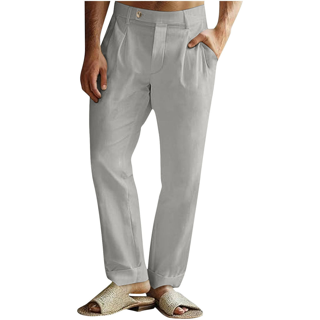 Men’s Casual Cotton Linen Pants Pleated Elastic Waist Pants - Light Gray / S
