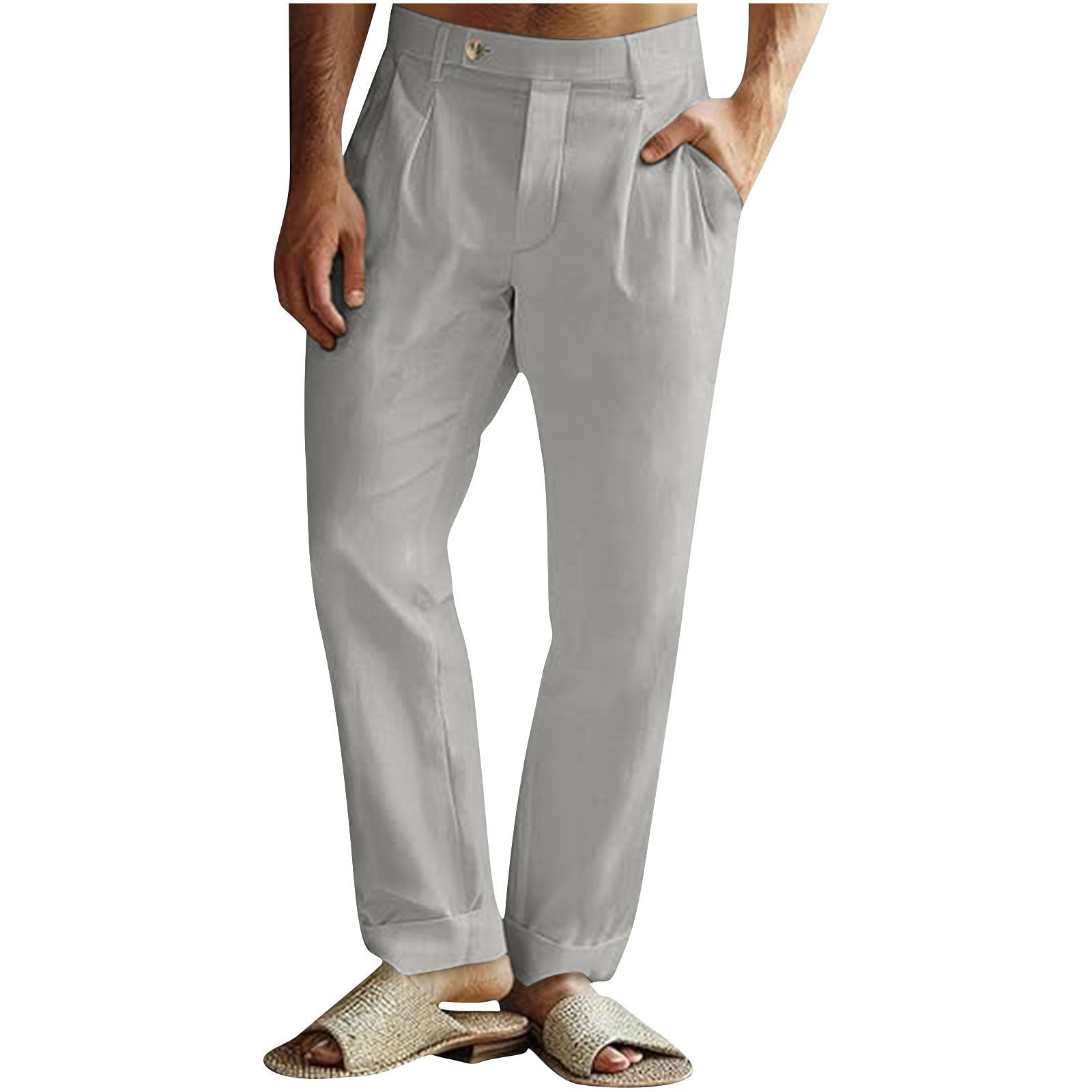 Men’s Casual Cotton Linen Pants Pleated Elastic Waist Pants - Light Gray / S