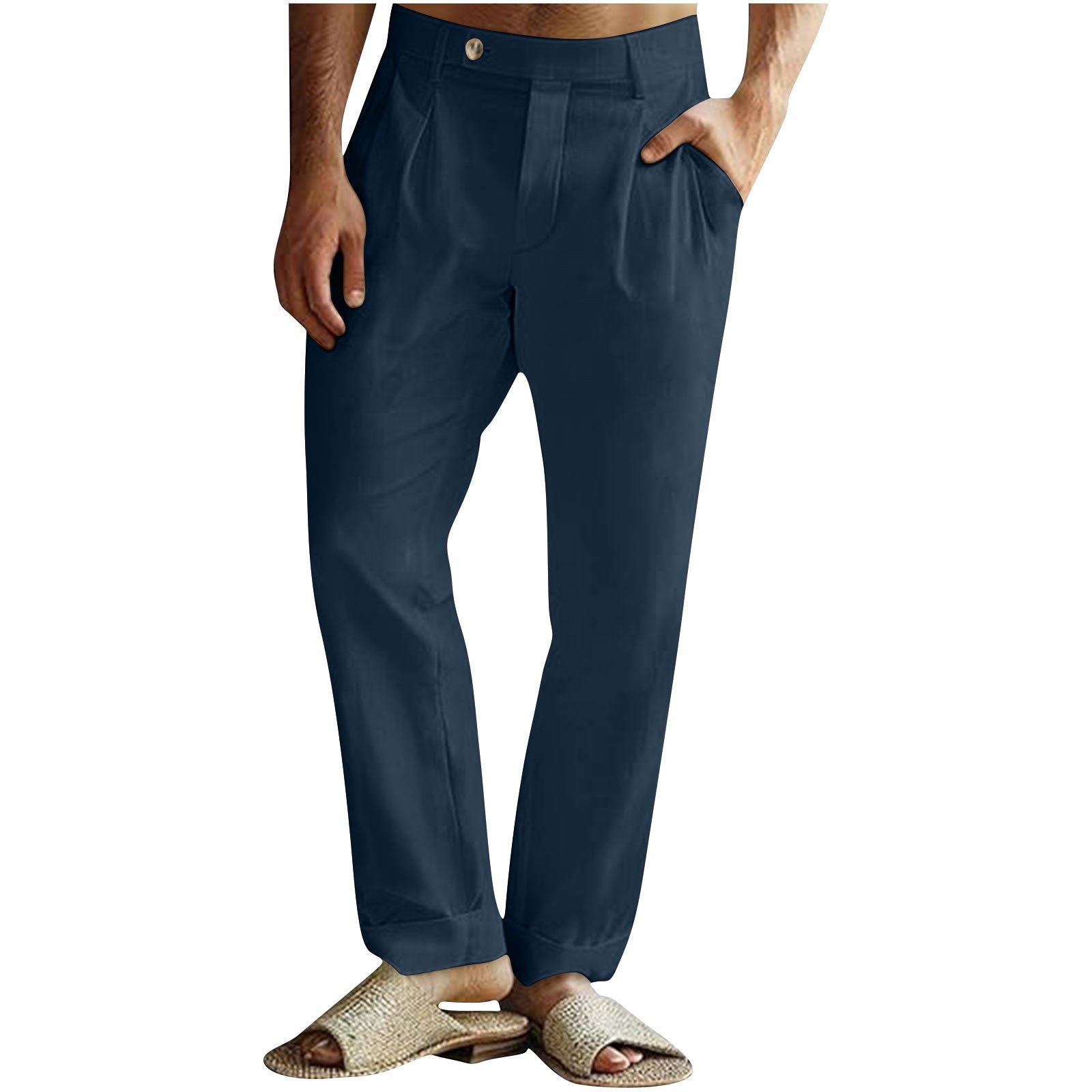 Men’s Casual Cotton Linen Pants Pleated Elastic Waist Pants - Navy Blue / S