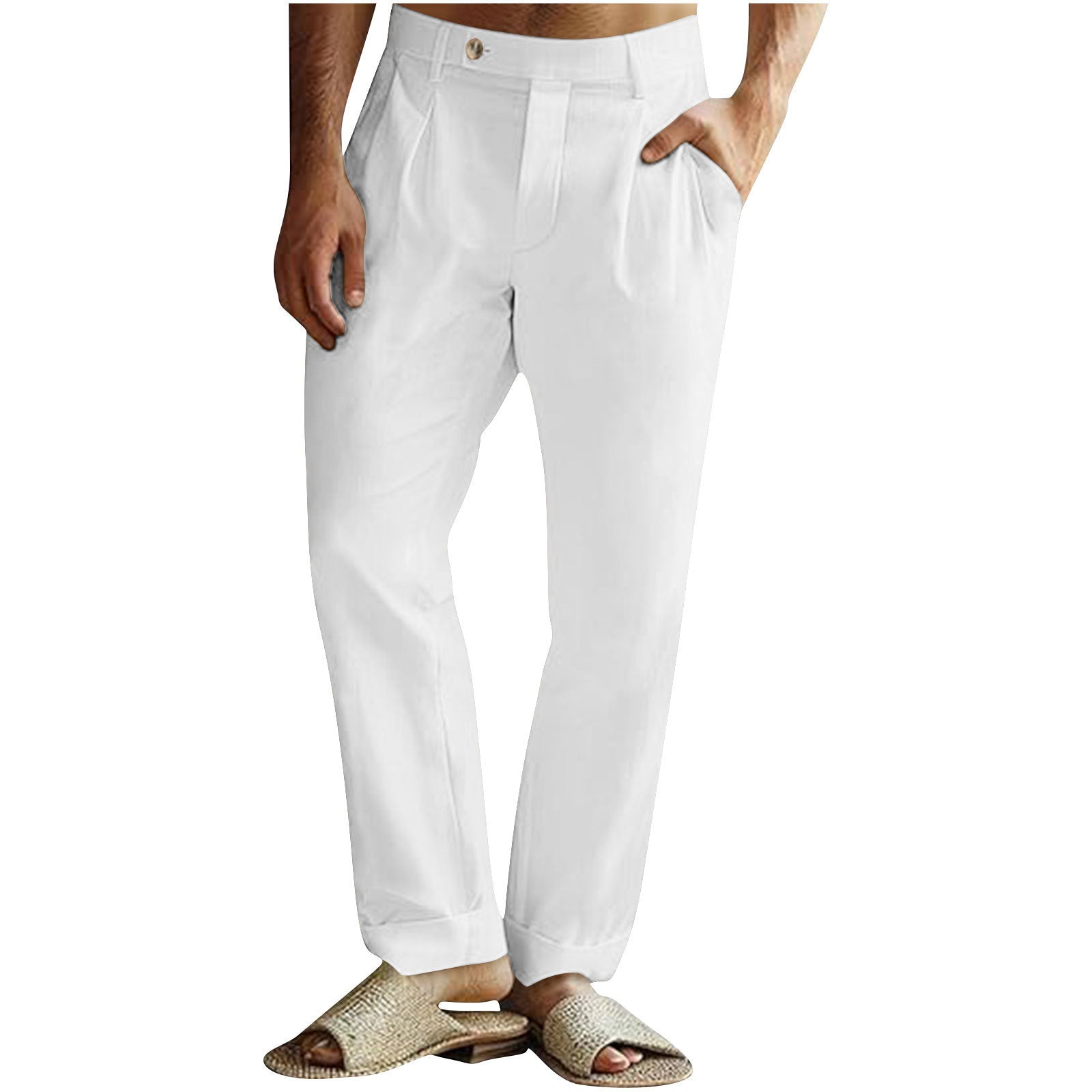 Men’s Casual Cotton Linen Pants Pleated Elastic Waist Pants - White / S