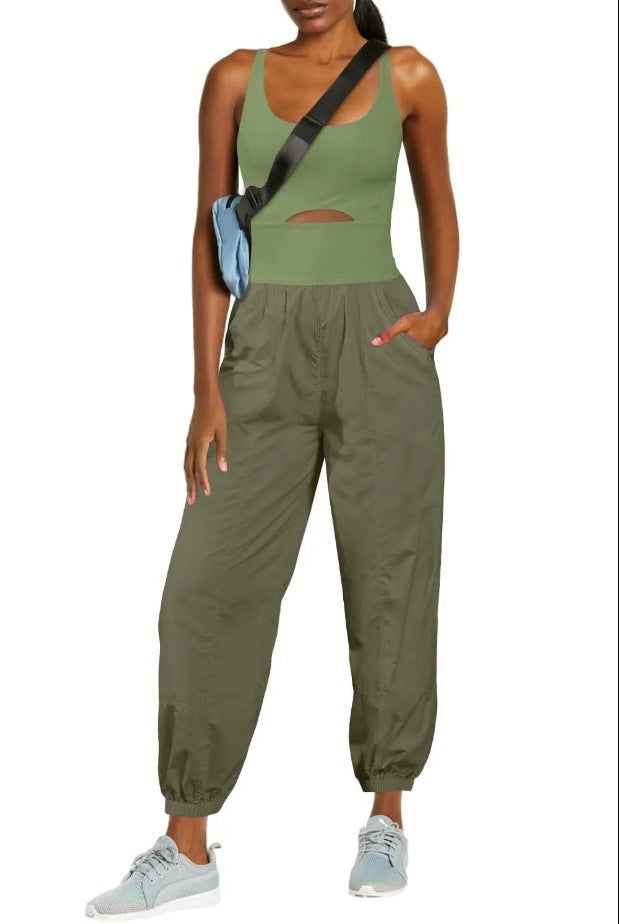Fashion Sports Women’s Outdoor Clothing Yoga Hollow Cross Comfortable Fitness Vest Jumpsuit - S / Army Green