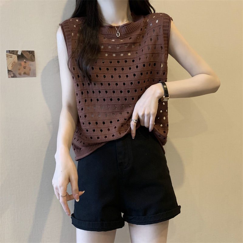 Design Solid Color Hollow Sweater Casual Loose - Brown / Average Size