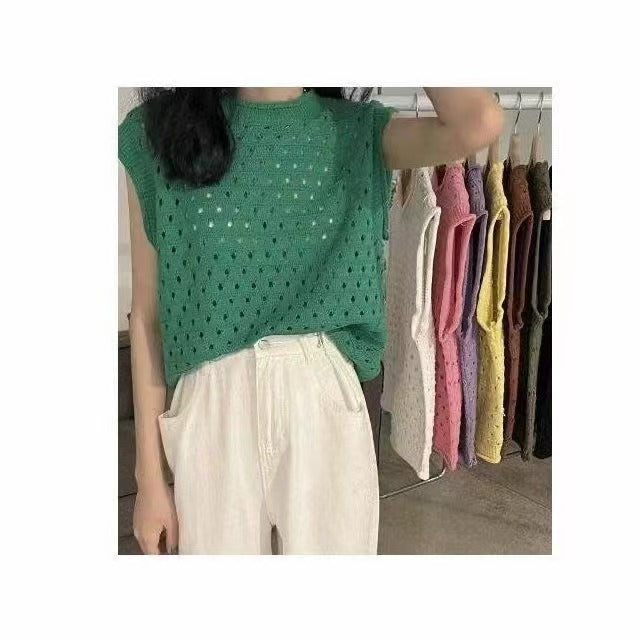 Design Solid Color Hollow Sweater Casual Loose - Green / Average Size