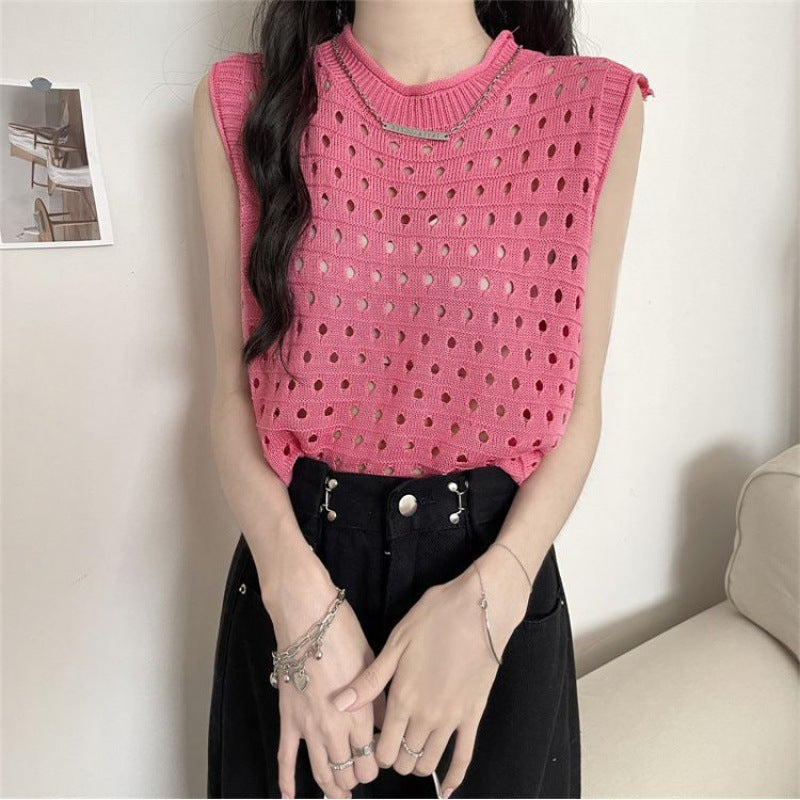 Design Solid Color Hollow Sweater Casual Loose - Pink / Average Size