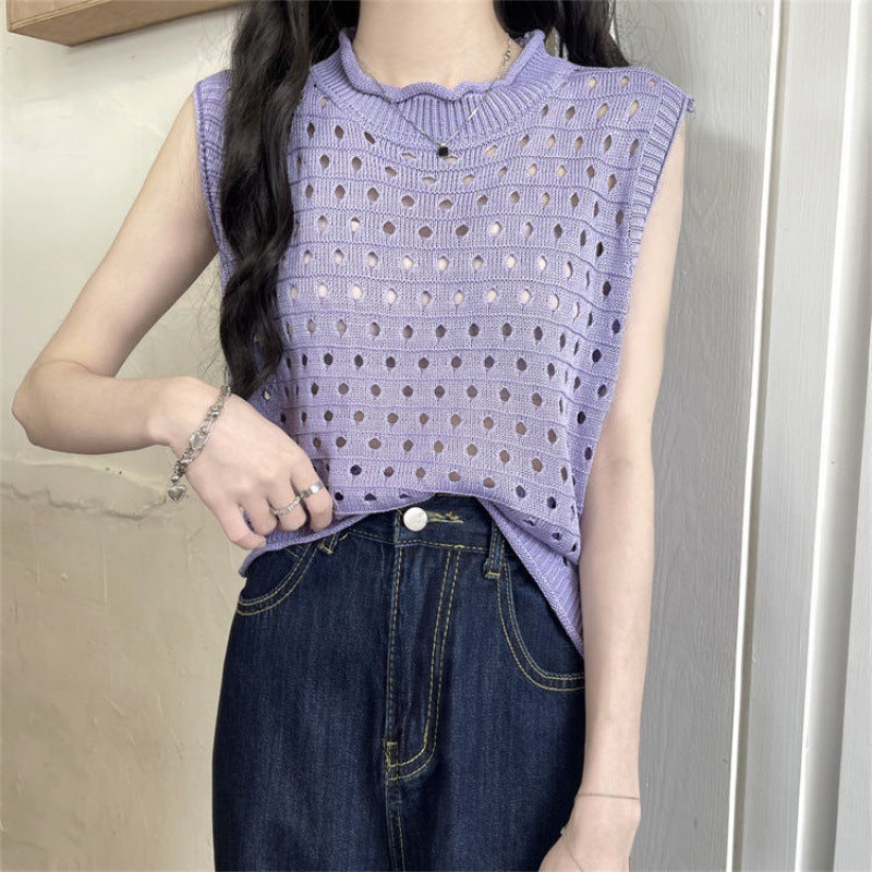 Design Solid Color Hollow Sweater Casual Loose - Purple / Average Size