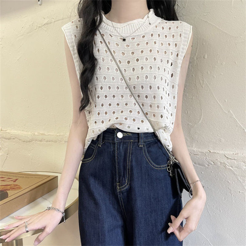 Design Solid Color Hollow Sweater Casual Loose - White / Average Size
