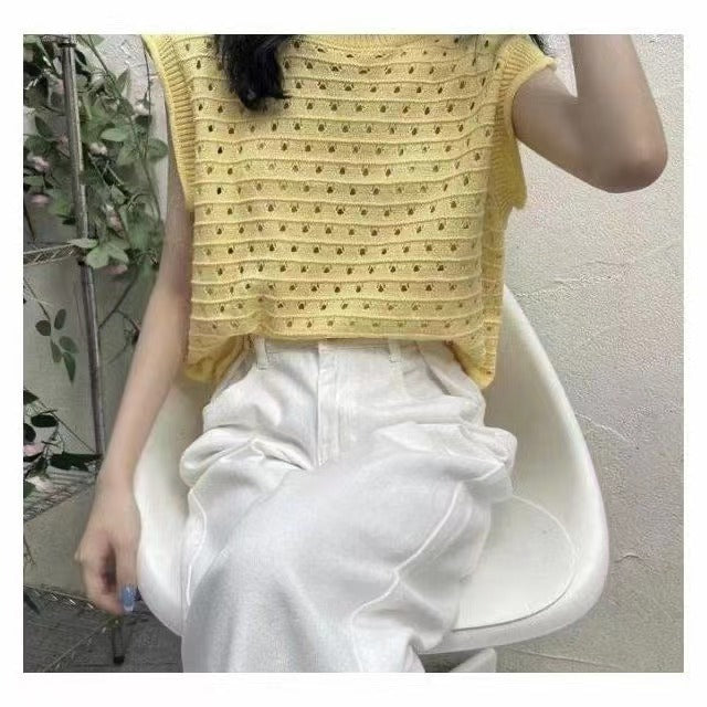 Design Solid Color Hollow Sweater Casual Loose - Yellow / Average Size