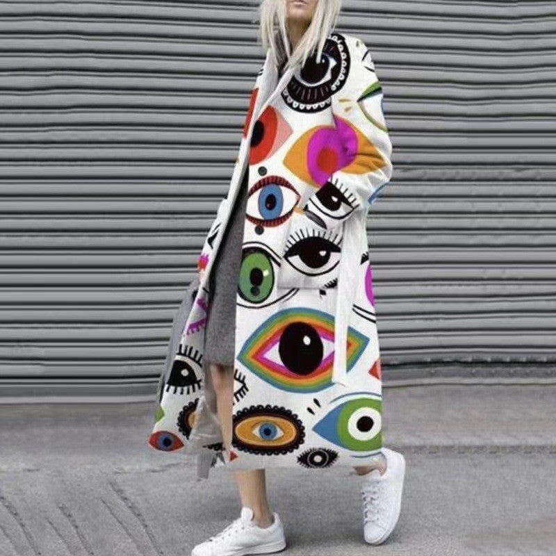 Women’s Printed Dragon And Phoenix Woolen Coat - Eyes / 4XL