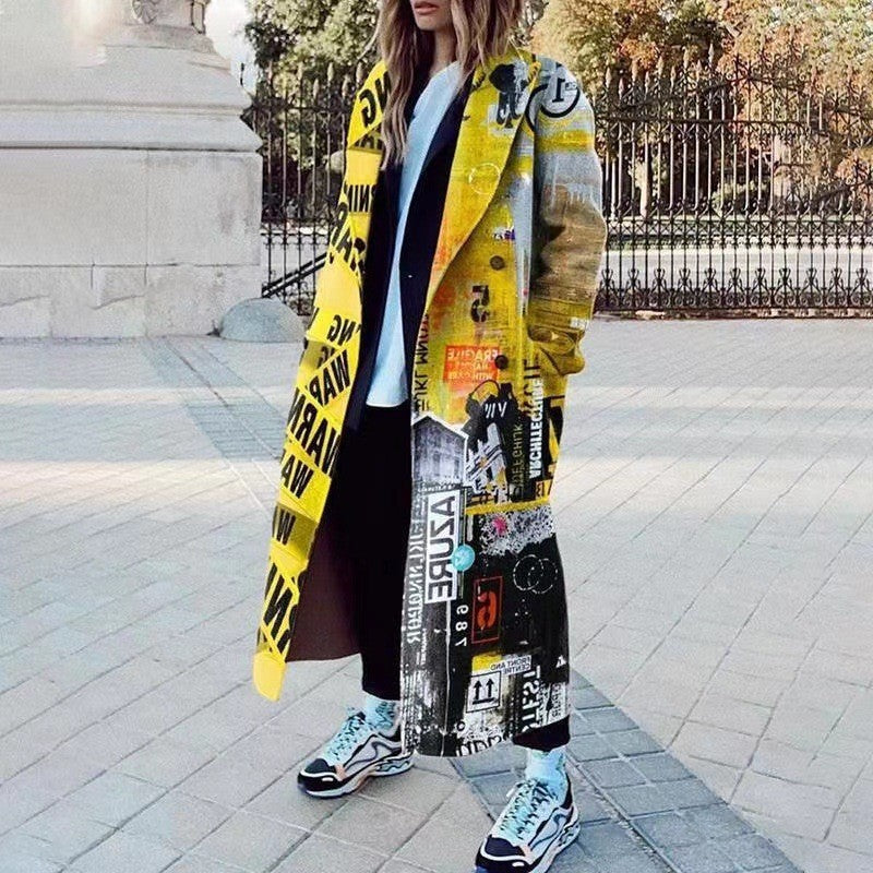 Women’s Printed Dragon And Phoenix Woolen Coat - Figure 50 / 4XL