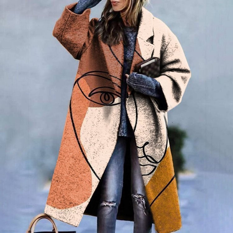 Women’s Printed Dragon And Phoenix Woolen Coat - Figure 58 / 4XL