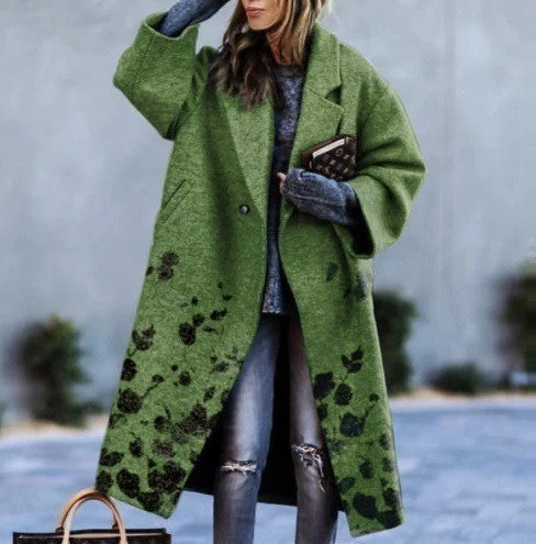 Women’s Printed Dragon And Phoenix Woolen Coat - Green Black Flower / 4XL