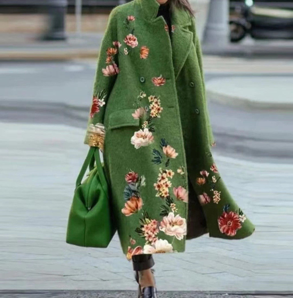 Women’s Printed Dragon And Phoenix Woolen Coat - Green Full Flower / 4XL