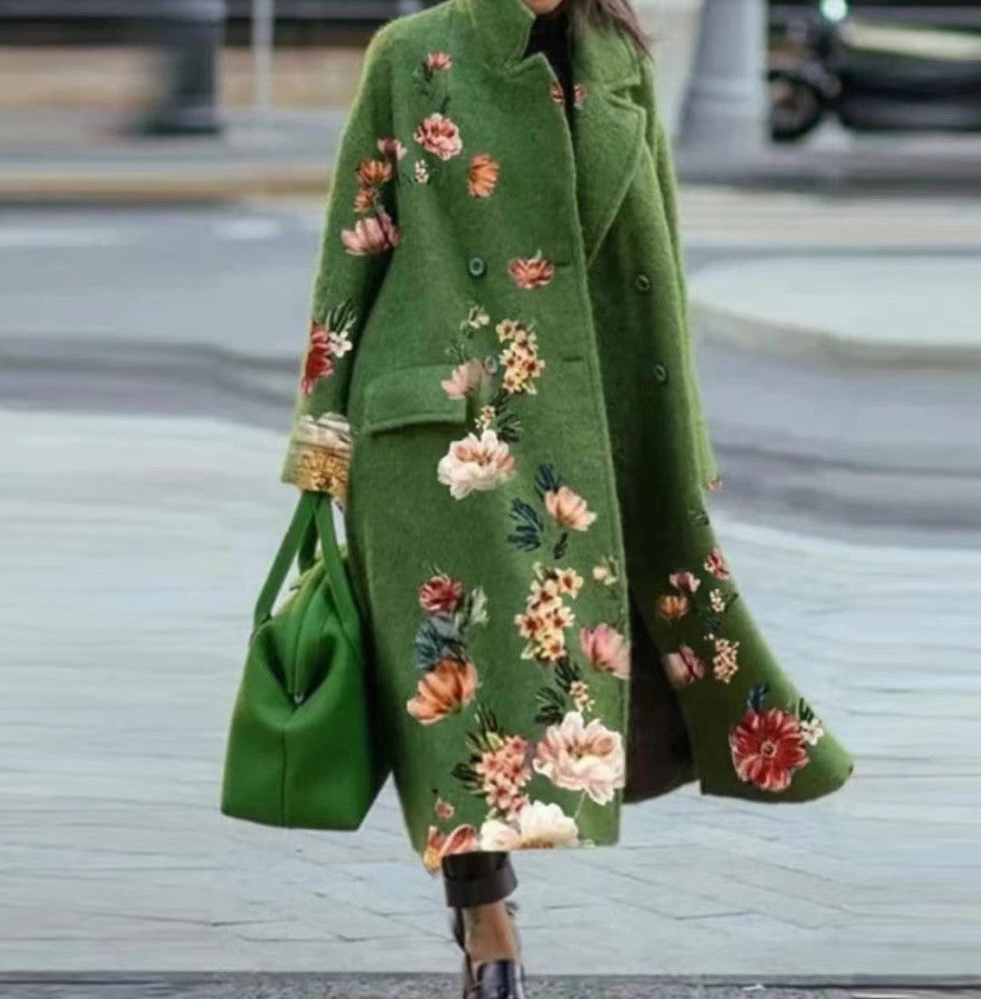 Women’s Printed Dragon And Phoenix Woolen Coat - Green Full Flower / 4XL