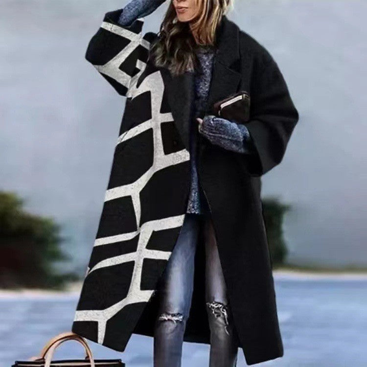 Women’s Printed Dragon And Phoenix Woolen Coat - Line Grid Stitching / 4XL