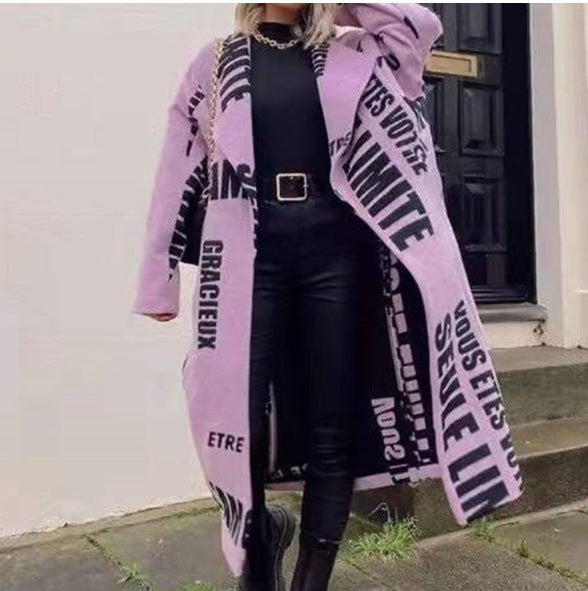 Women’s Printed Dragon And Phoenix Woolen Coat - Purple Letters / 4XL
