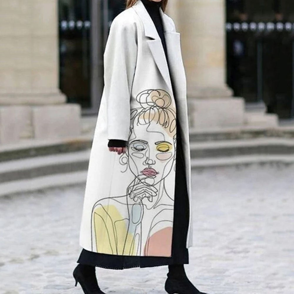 Women’s Printed Dragon And Phoenix Woolen Coat - White face / 4XL
