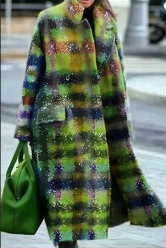 Women’s Printed Dragon And Phoenix Woolen Coat - Yellow Green / 4XL
