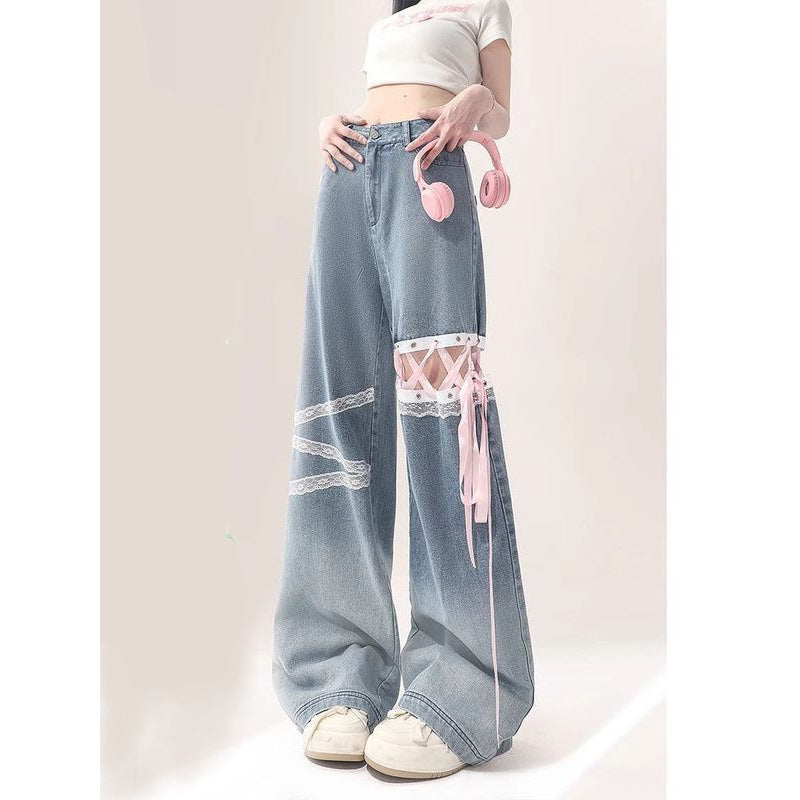 Classic Style Summer Thin Lace Lace Cut-off Jeans - Gradient Blue Denim / XS