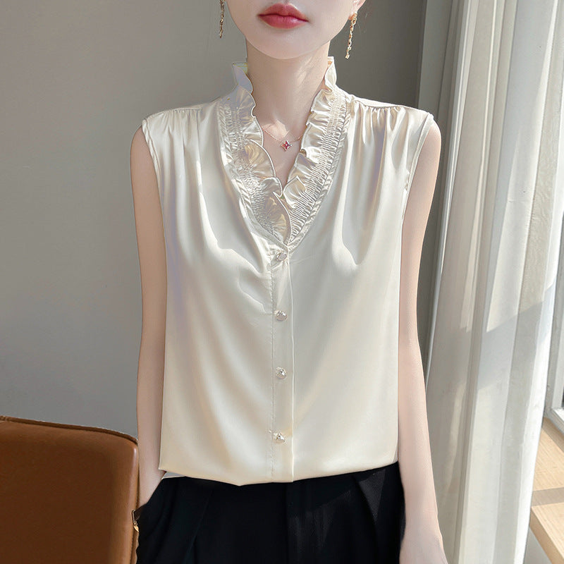 Acetate Camisole Women’s V-neck Ruffled - Champagne / M