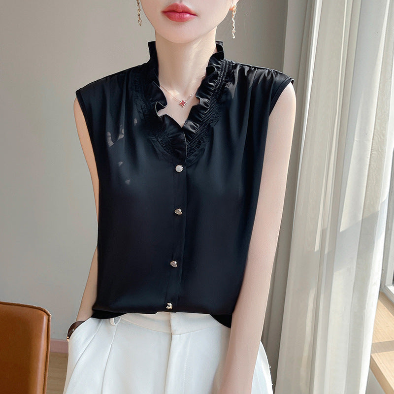 Acetate Camisole Women’s V-neck Ruffled - Obsidian Black / M