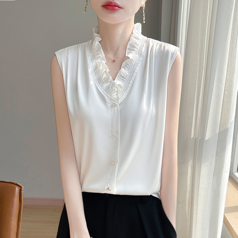 Acetate Camisole Women’s V-neck Ruffled - Soft Cloud White / M