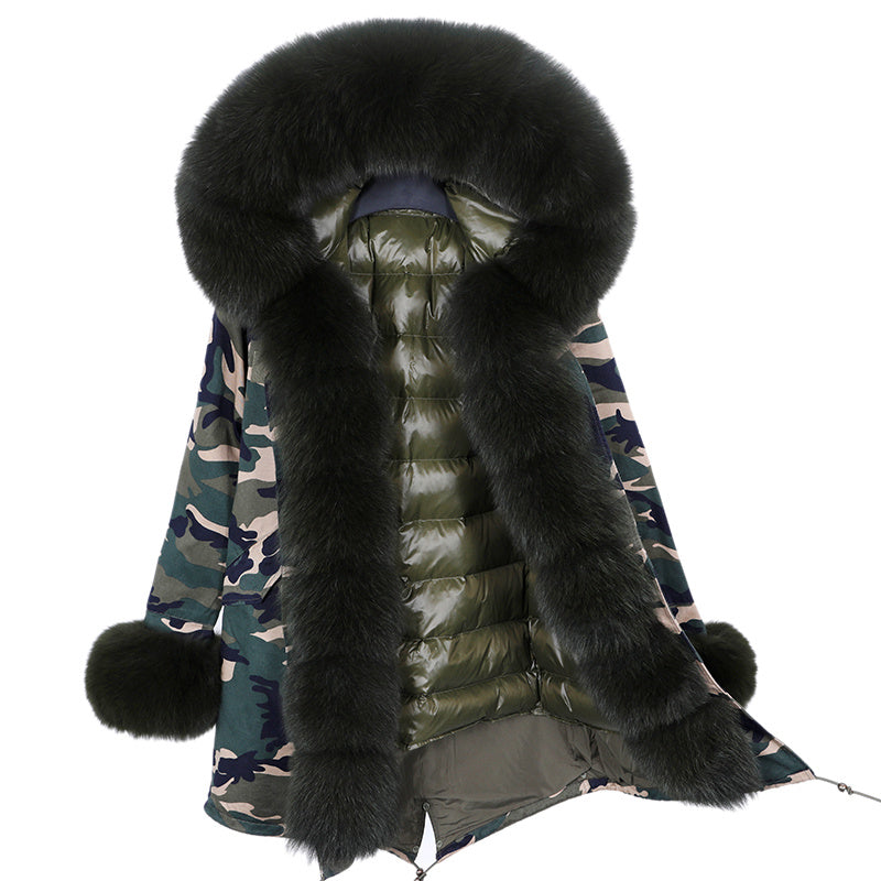 Coat Fur With Detachable Inner Liner Placket - CamouflageGreenGreen / S
