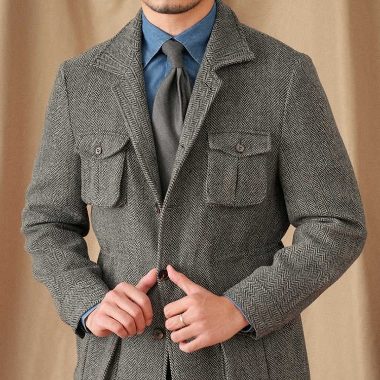 Collar Safari Jacket Jacket Commuter Business Keep Warm And Handsome Jacket Men - Grey / 2XL