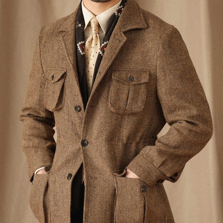Collar Safari Jacket Jacket Commuter Business Keep Warm And Handsome Jacket Men - Coffee / 2XL