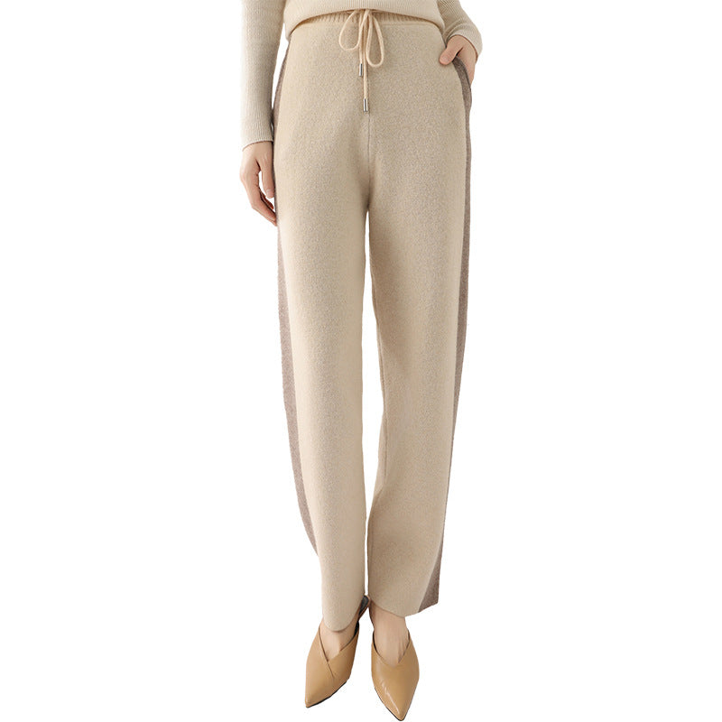 Color Contrast Patchwork Pure Wool Knit Casual Pants