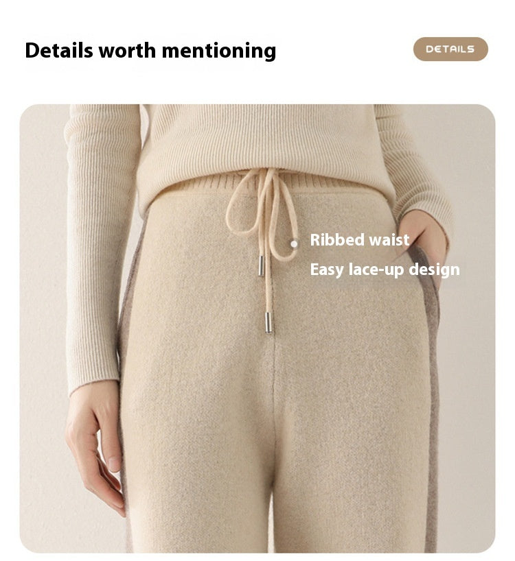 Color Contrast Patchwork Pure Wool Knit Casual Pants