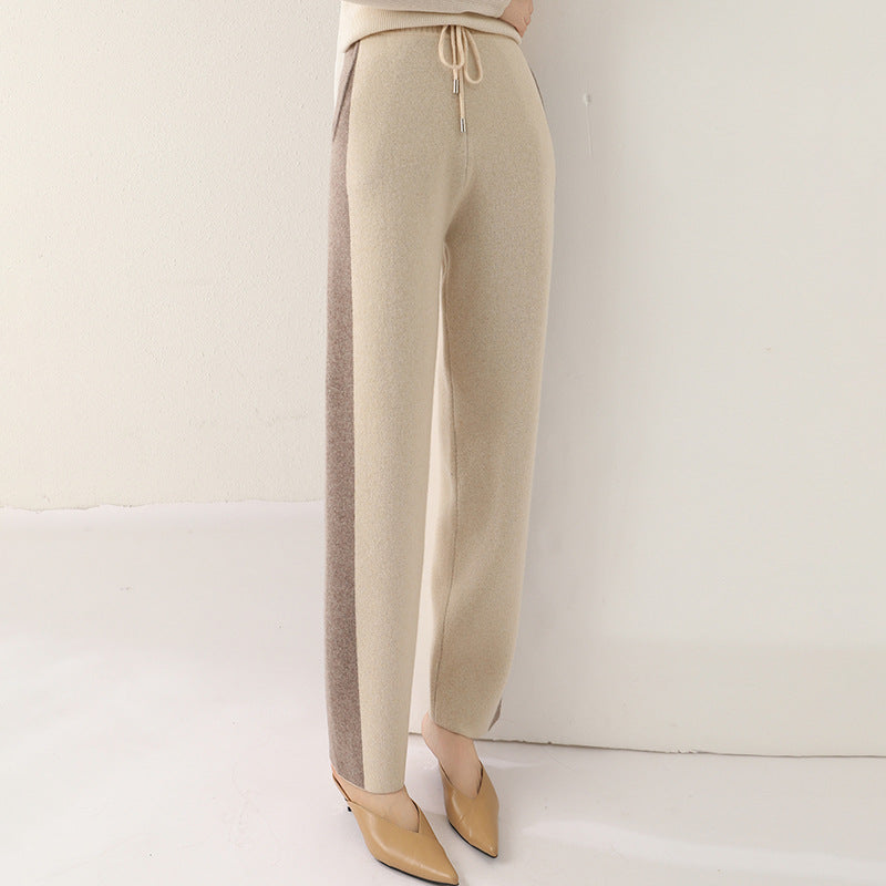 Color Contrast Patchwork Pure Wool Knit Casual Pants - Cyan / S