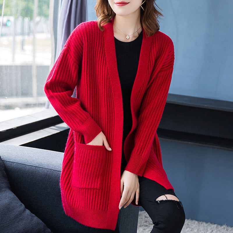 Loose Knitted Shawl Versatile Sweater Coat Women’s - Red / M