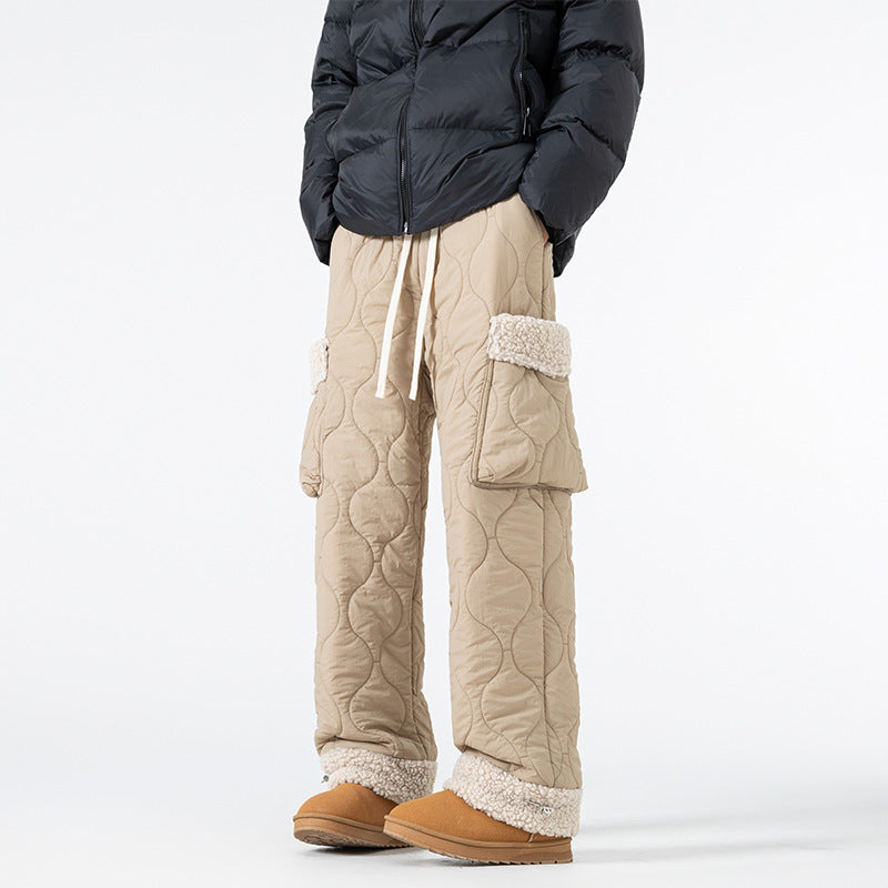 Men’s Quilted Casual Pants Thickened Cold Protection Ski Pants - Khaki / M