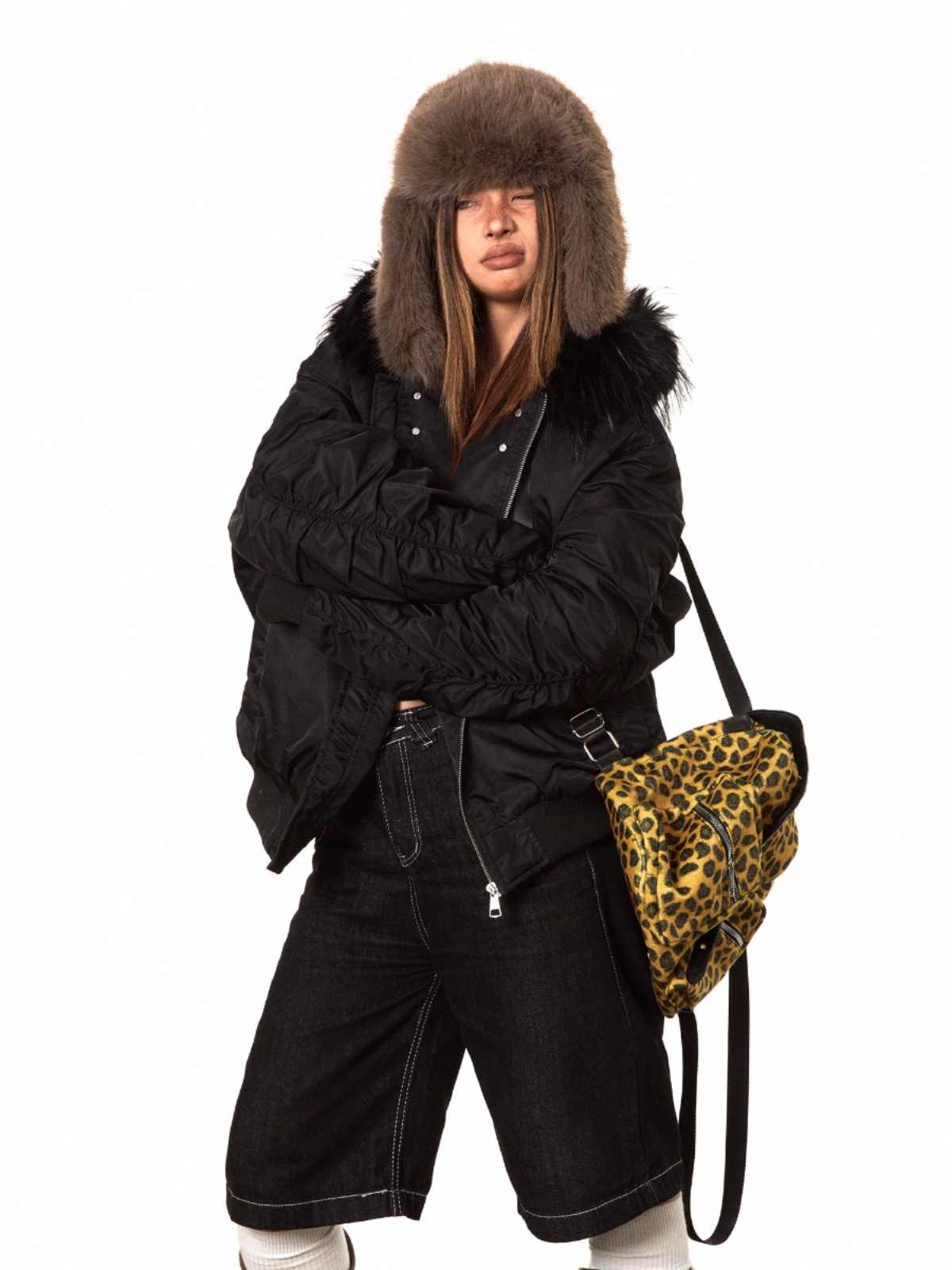 Short Fur Collar Coat Padded Hooded Cotton Coat - Black / M