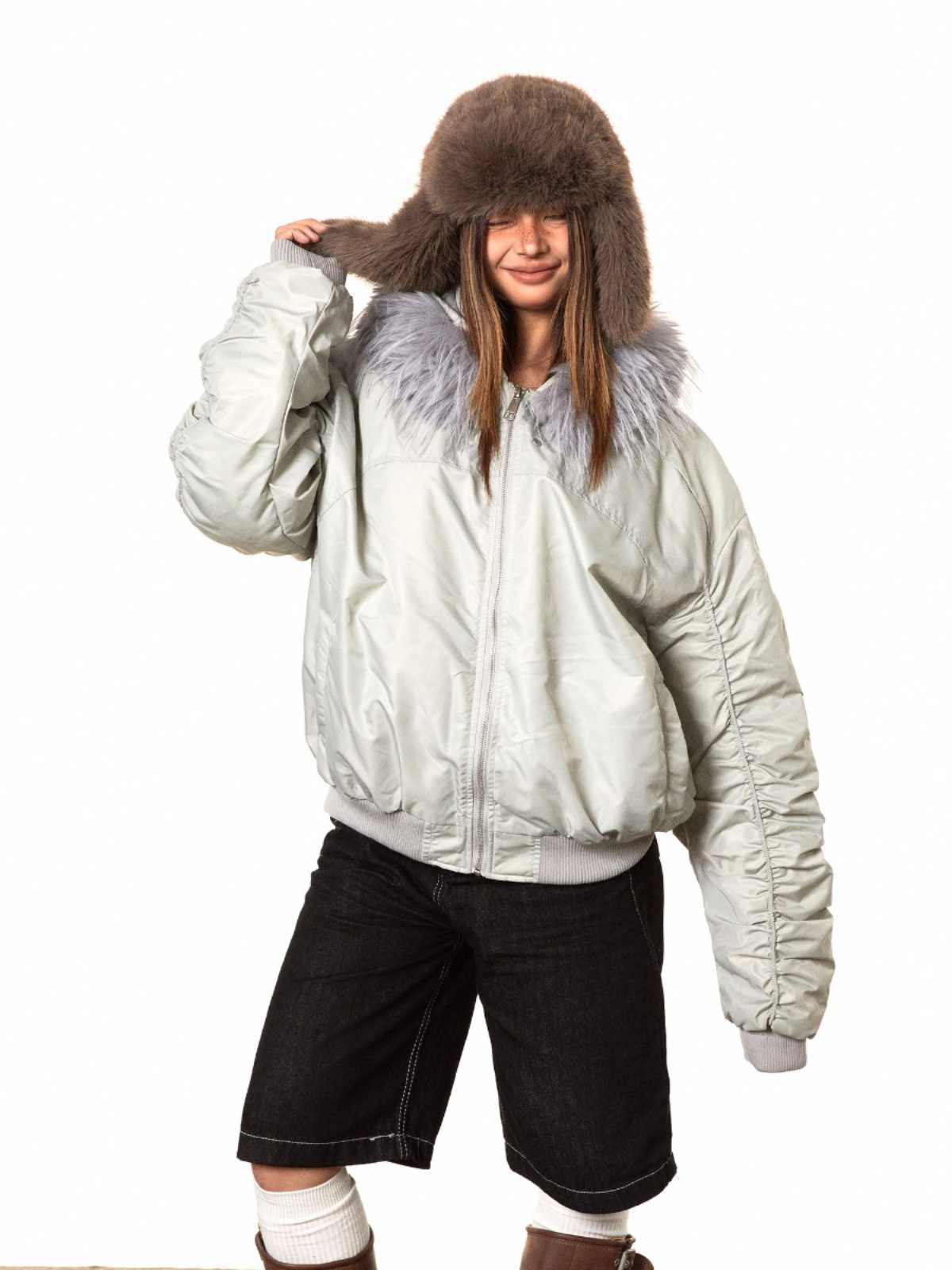 Short Fur Collar Coat Padded Hooded Cotton Coat - Light Gray / M