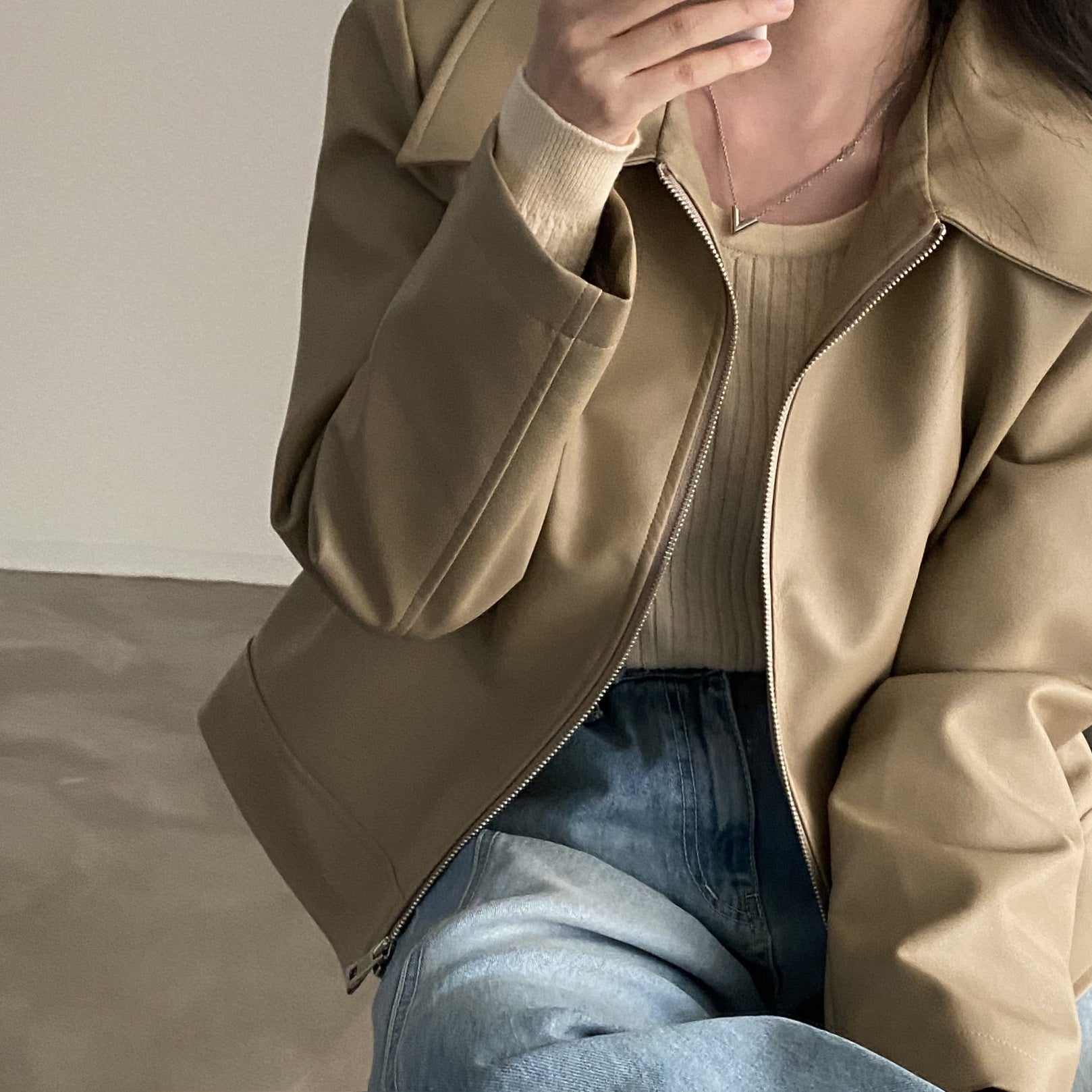 Handsome Cool Girl Versatile Motorcycle Jacket - Khaki / Free Size